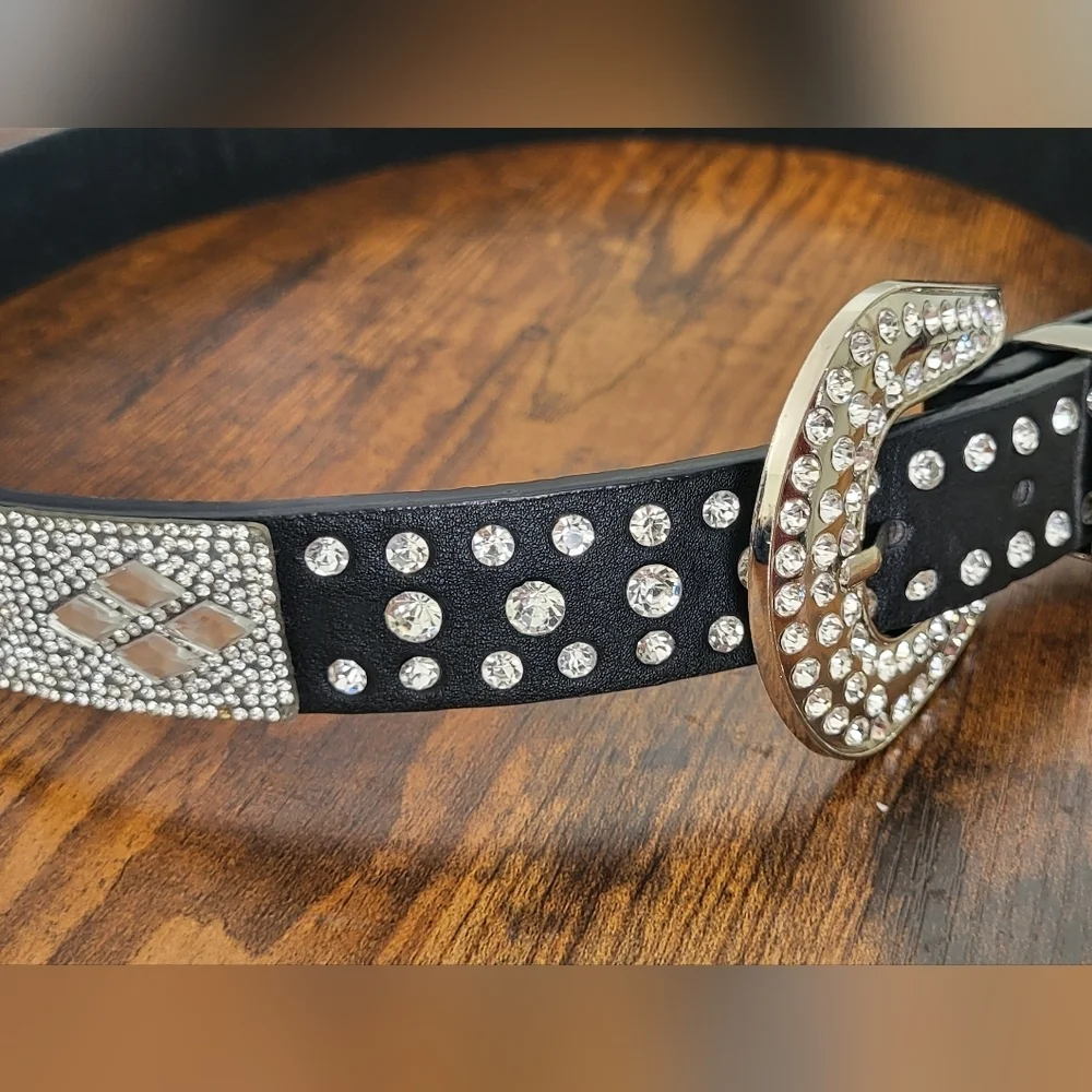 Crystal Mirrored Embellished Black Leather Rodeo Western Belt